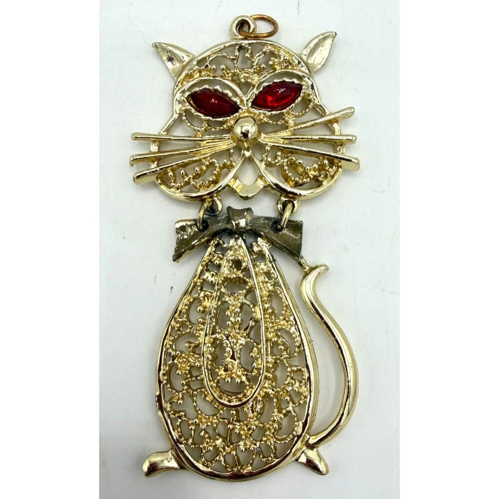 Vintage 70s Gold Tone Metal Articulated 70s Cat Pendant (No Chain)
